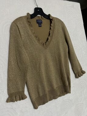 Chaps Metallic Gold V-Neck Ruffle-Trim Sweater